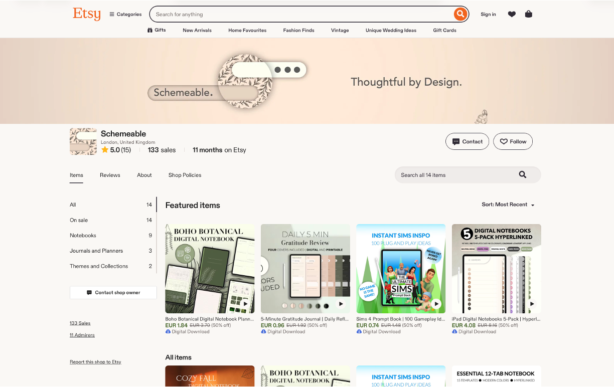 Preview of the Schemeable Etsy storefront